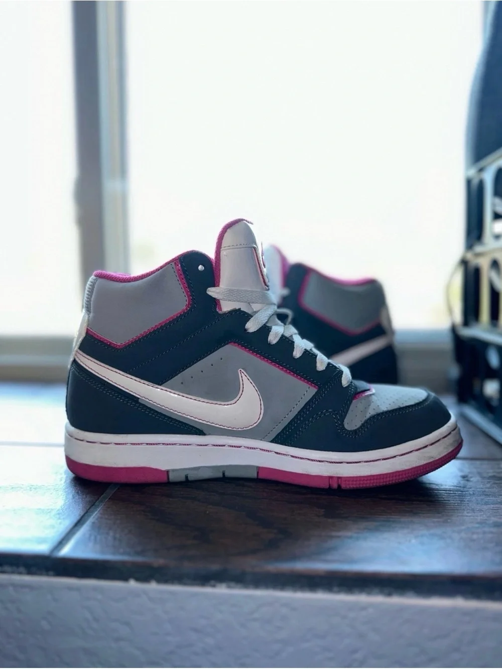 Nike High-Top Sneakers in White, Gray & Pink Accent